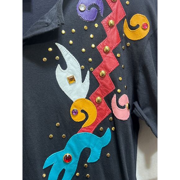 VTG Philip Noel 80's Blk Jumpsuit O/S Abstract Leather Applique Artsy Deadstock - Picture 6 of 10